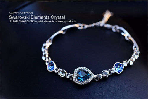 Hot Cute Women Blue Crystal Rhinestone Heart Charm Bangle Fashion Bracelet Gift