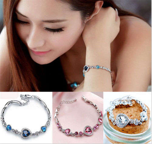 Hot Cute Women Blue Crystal Rhinestone Heart Charm Bangle Fashion Bracelet Gift