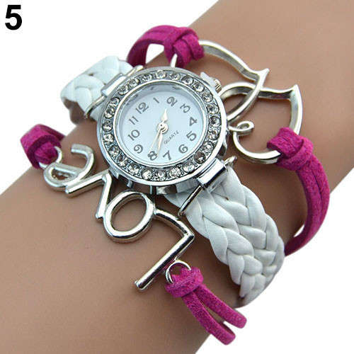 Girl's Knitting Faux Leather Band Love Heart Charm Rhinestone Bracelet Watch
