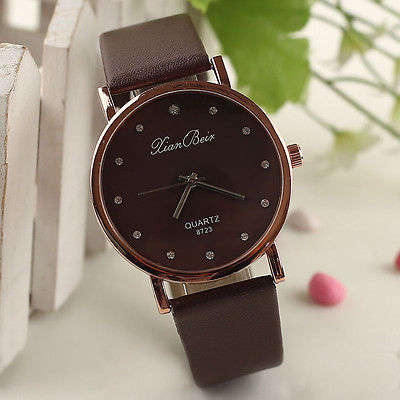 Womens Crystal Dial Leather Band Quartz Analog Bracelet Wrist Watch Gift