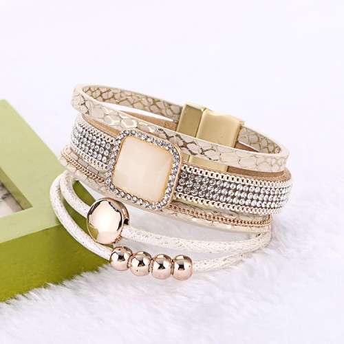 Fashion Bohemian Gem Rhinestone Wide Magnetic Leather Bracelets