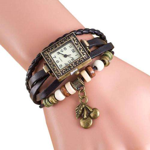 Smile Women Watch Quartz Weave Around Leather Cherry Bracelet