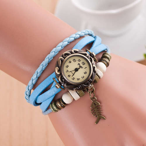 Superior Quartz Weave Around Leather Cat Pattern Bracelet Woman Wrist Watch