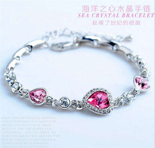 Hot Cute Women Blue Crystal Rhinestone Heart Charm Bangle Fashion Bracelet Gift