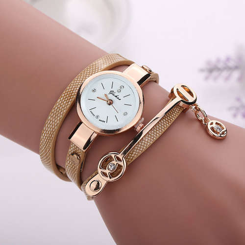 Women Long Slim Faux Leather Strap Round Analog Crystal Dial Quartz Wrist Watch