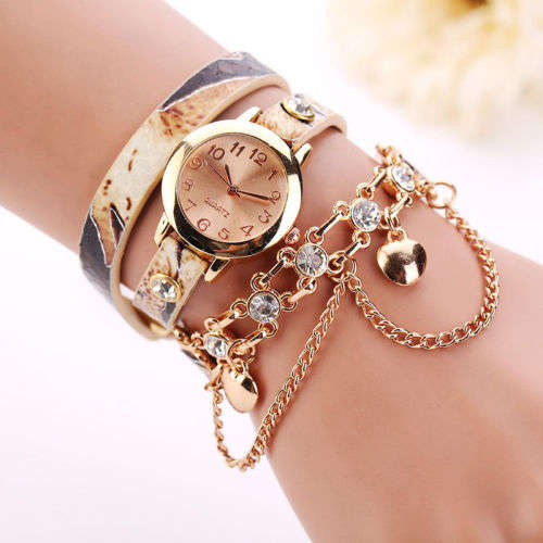 Woman Bracelet Watch Leather Rhinestone Rivet Band Analog Quartz Wristwatch