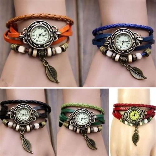 Superior Quartz Weave Around Leather Cat Pattern Bracelet Woman Wrist Watch