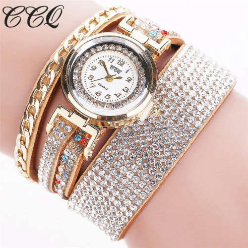 CCQ fashion bling lady diamond bracelet watches Luxury Brand Vintage Leather Bracelet Watch Women Qu