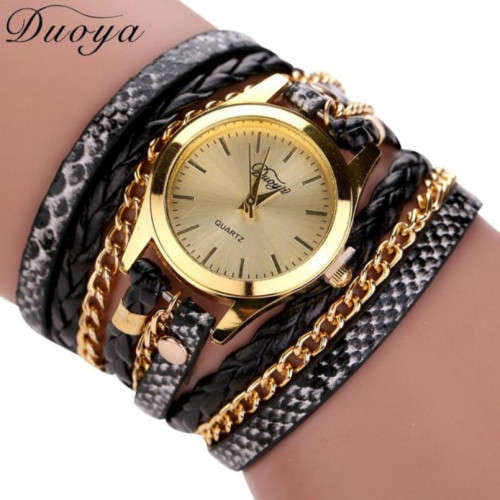 Duoya Brand Quartz Watches Women Gold Geneva Ladies Dress Gold Bracelet Wristwatch Woven Leopard Duo
