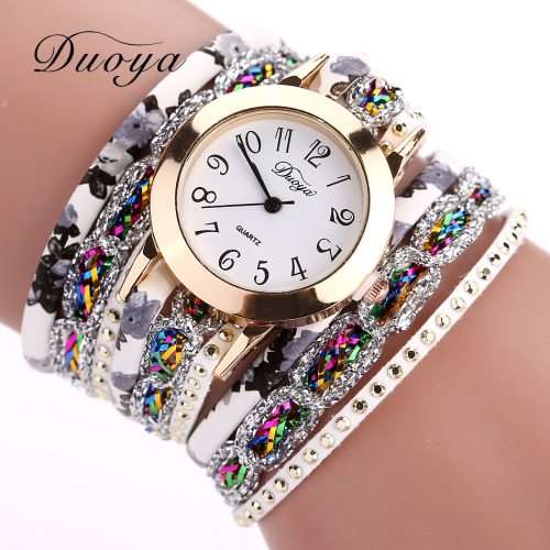 Duoya Brand Fashion RounGirl's Knitting Faux Leather Band Love Heart Charm Rhinestone Bracelet Watch