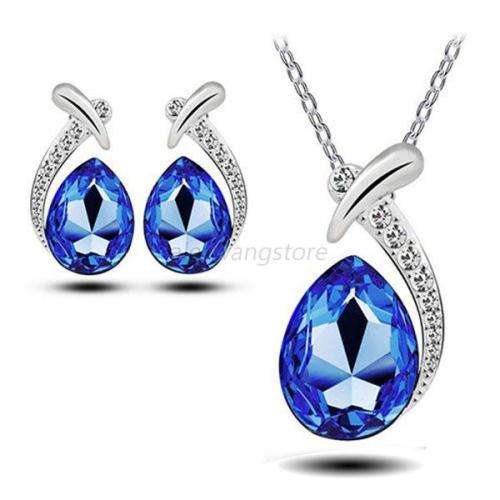 Women's Crystal Pendant Waterdrop Stud Earrings Closure Chain Necklace Blue