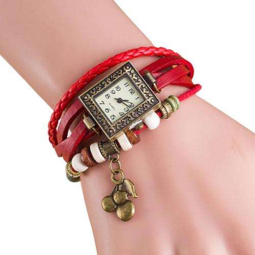 SmileOMG Women Watch Quartz Weave Around Leather Cherry Bracelet Lady Woman Wrist Watc