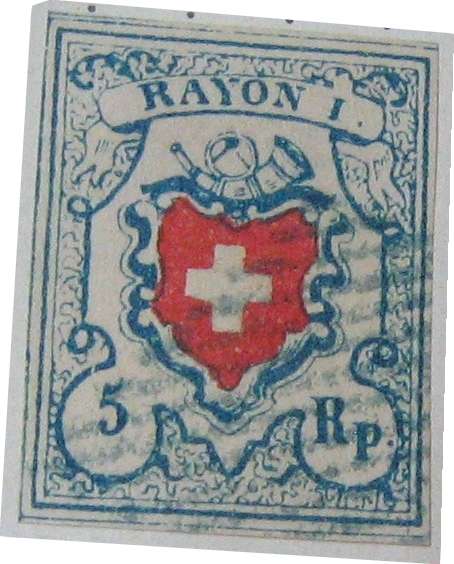 1 x blue white and red 5 rappen stamp from Switzerland (as shown)