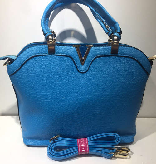 lady's elegant handbag with "V" in front (sling included) light blue     size: 30×24×14cm