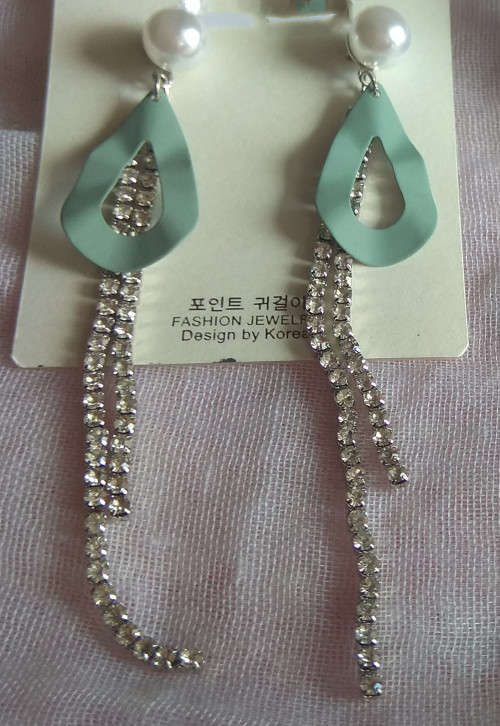 Earring, avocado green with silver tassle&white pearls, High quality lady's fashion costume earring