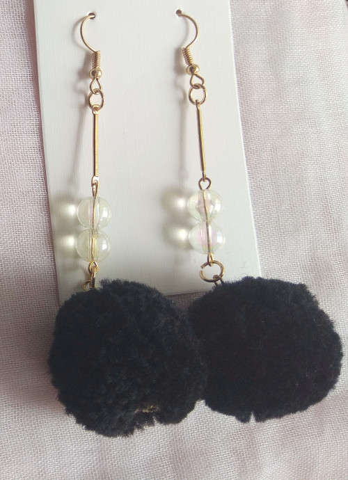 Earring,big black fluffy balls with small clear balls in gold color