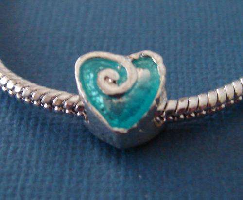 Bead Charm, Silver and Light Blue Heart - Fits most Euro and similar style Bracelets