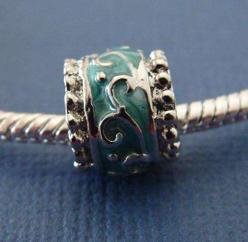 Bead Charm, Silver and Turquoise Swirl - Fits most Euro and similar style Bracelets