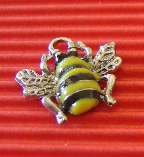 16mm Bumblebee Charm, Green and Black with Silver Detail
