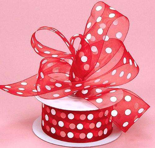 6mm Red Organza Ribbon with White Polka Dots (sold by the meter)