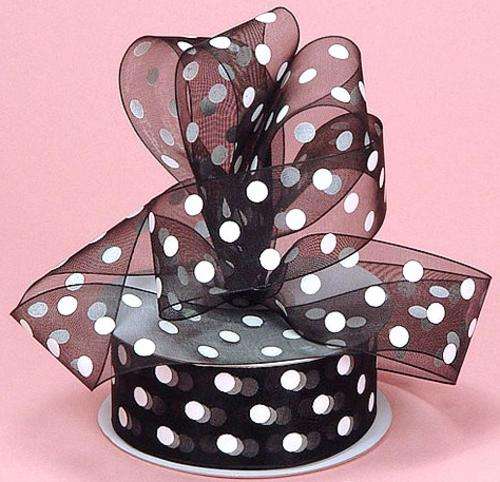 6mm Black Organza Ribbon with White Polka Dots (sold by the meter)