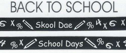 10mm Black Satin Ribbon with White writing and pictures  SCHOOL DAYS (sold by meter)