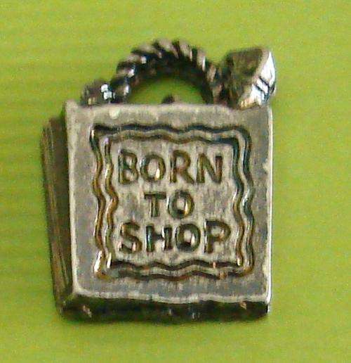 "Born to Shop" Shopping Bag Charm, Antique Nickel, 16mmx13mm - Excellent Quality