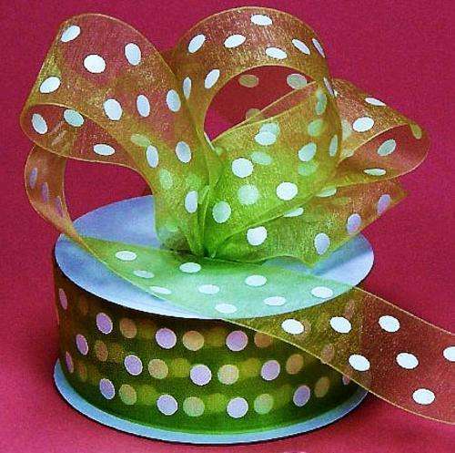 6mm Wide Green Organza Ribbon with White Dots (Sold by the Meter)
