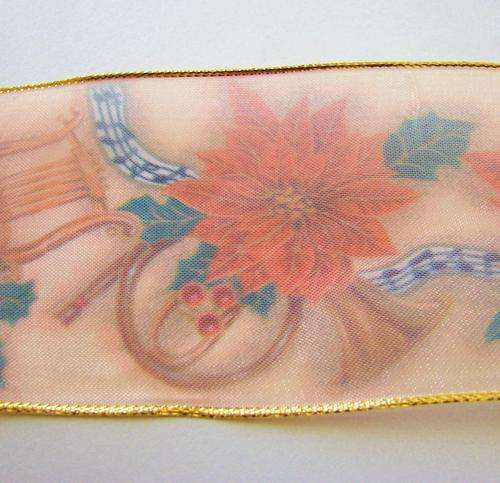 63mm Wide Wired Ribbon with Flower & Music Design (Sold by the Meter)