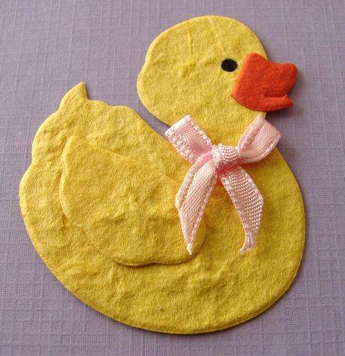 45mm Yellow "Miss Duckie" Paper Embellishment with Pink Ribbon Bow