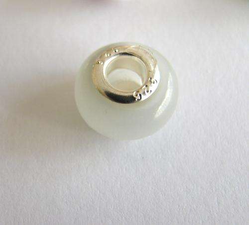 14mm x 8mm Cloudy White Cat's Eye Bead with 925 Sterling Silver Core Insert - 5mm Hole