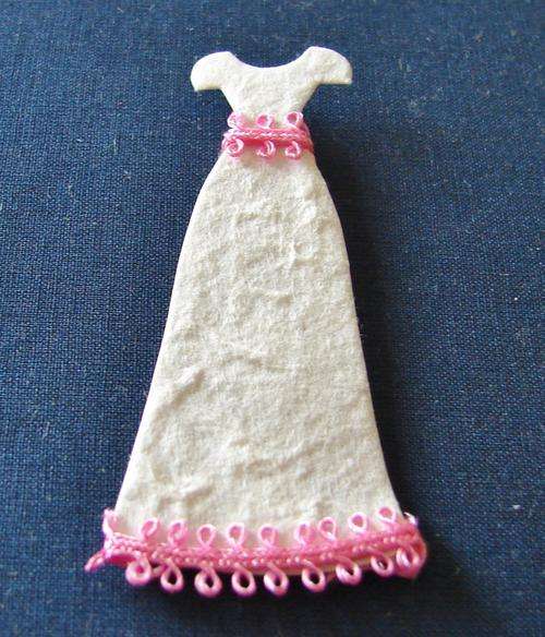 70mm x 40mm White Mulberry Paper Evening Dress with Pink Ribbon Embellishment
