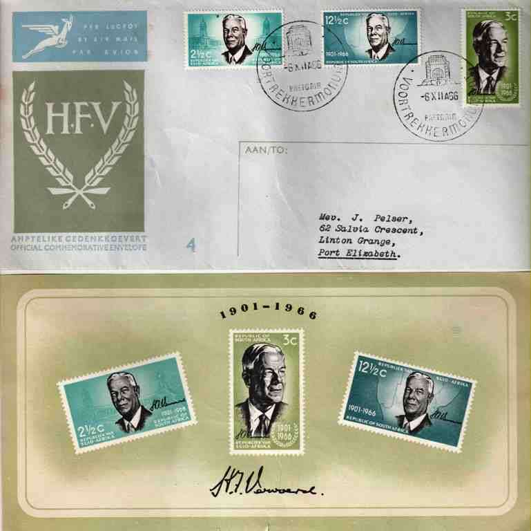 1966 - SA Official Commemorative Envelope - HF Verwoerd (PM) - stamped @ Voortrekker Momument PTA