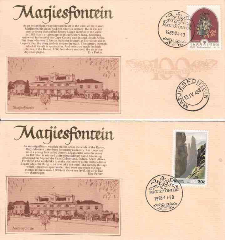 SA Special Envelope - Matjiesfontein - Normal (stamped 1986) & Centenary (stamped 1988)