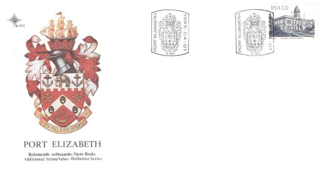 1986 - SA FDC 4.11.1 - Port Elizabeth - Additional Stamp Value: Definitive Series