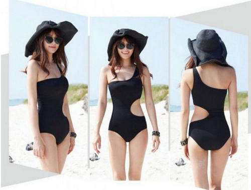 Black One-Shoulder One-Piece Swimming Costume Monokini Swimwear Size XS - Small