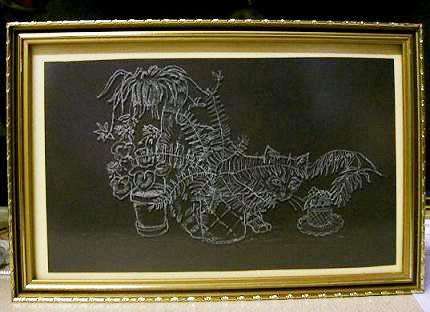 FRAMED PICTURE HAND-ETCHED WITH CAT