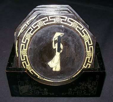 VINTAGE LACQUER COASTERS with Mother of Pearl INLAY