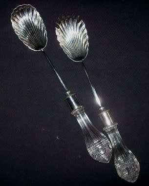 ANTIQUE CRYSTAL CUT GLASS AND SILVER PLATE SALAD SERVERS
