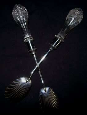 ANTIQUE CRYSTAL CUT GLASS AND SILVER PLATE SALAD SERVERS