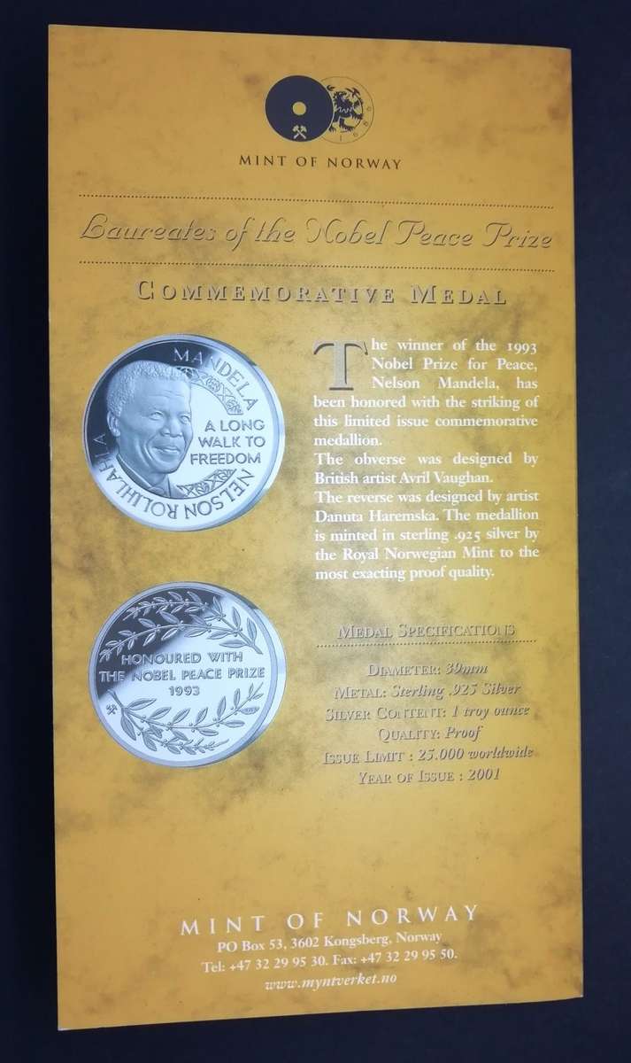 1oz Proof Silver | Mandela Medallion | Nobel Peace Laureate | Norway Mint | Low Price | 6 Available