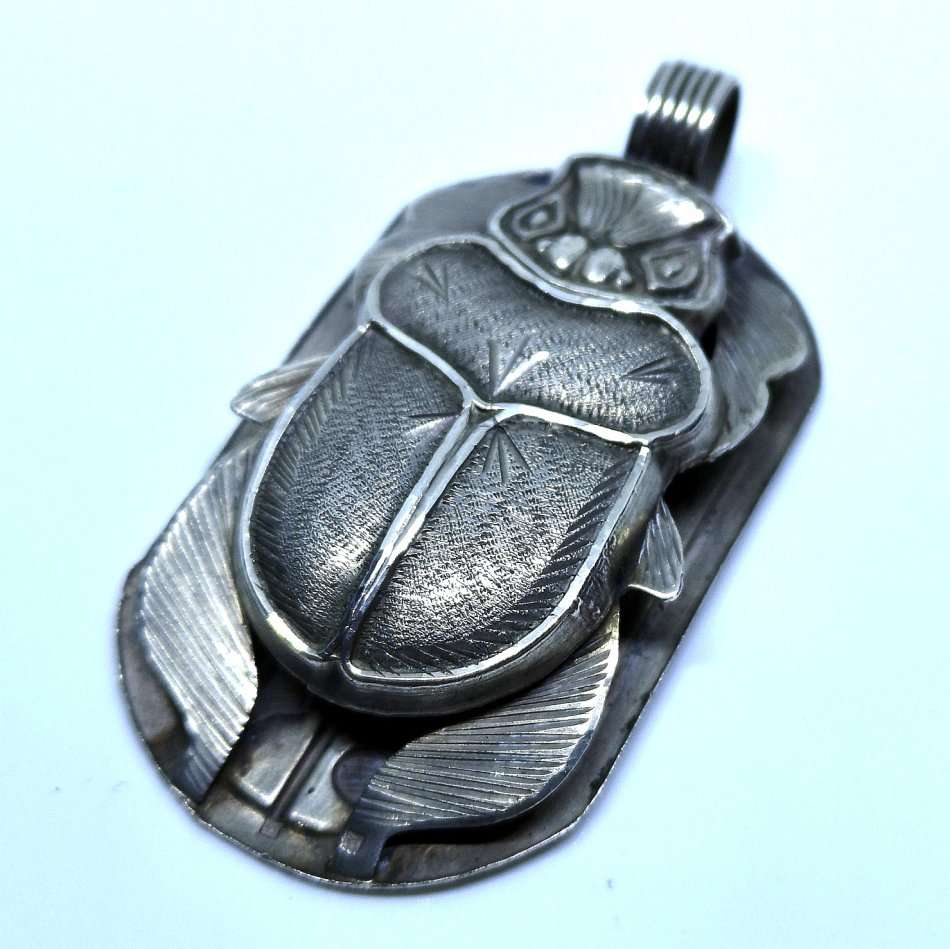 Egyptian | Silver Scarab & Hieroglyphics | Double Sided Pendant | Large & Collectable | 65mm Long