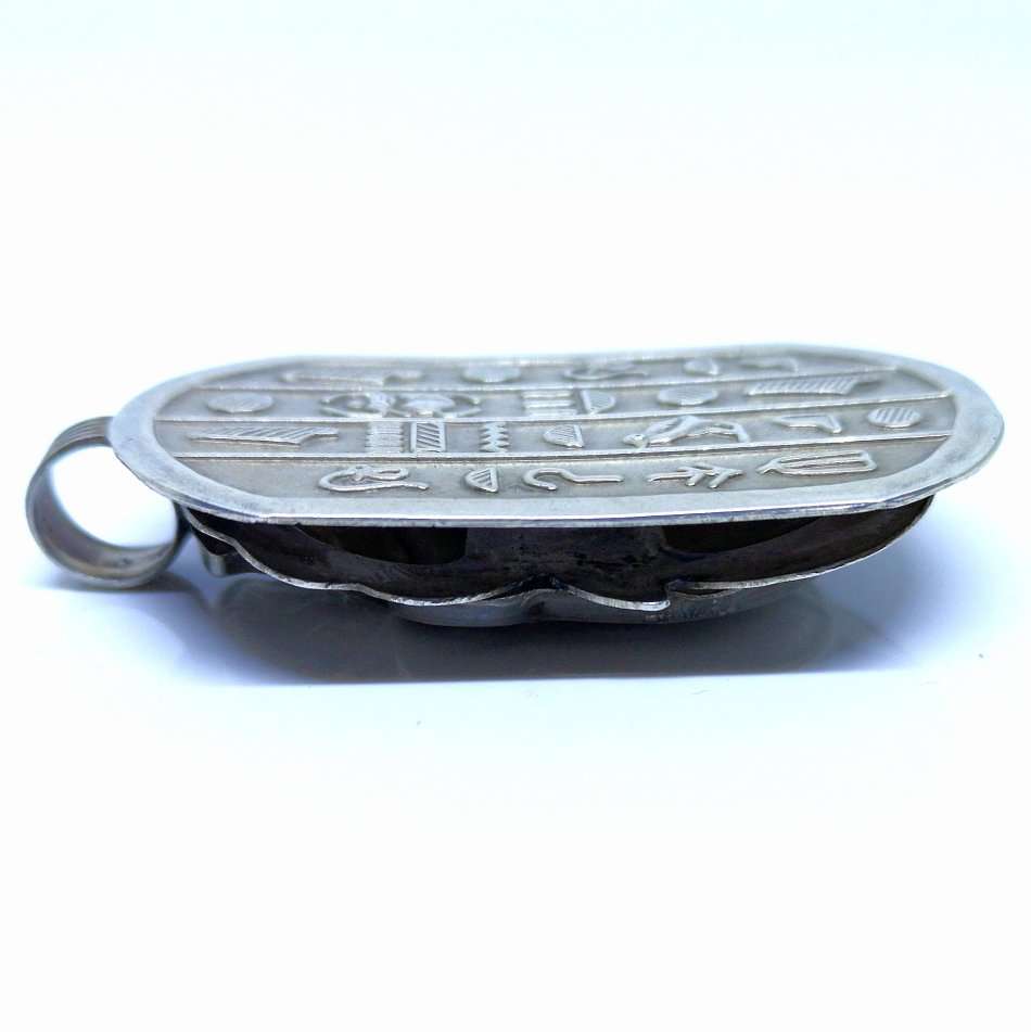 Egyptian | Silver Scarab & Hieroglyphics | Double Sided Pendant | Large & Collectable | 65mm Long