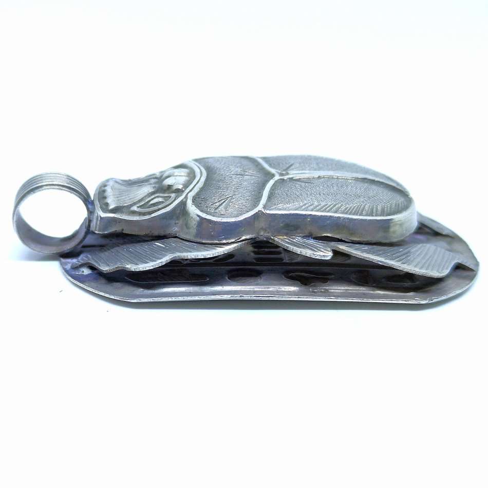 Egyptian | Silver Scarab & Hieroglyphics | Double Sided Pendant | Large & Collectable | 65mm Long