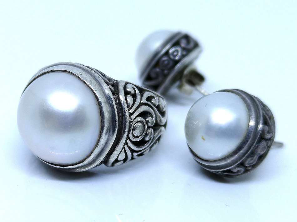 Vintage 925 Silver Filigree Design | Ring & Earrings | Set With Natural Mabe Pearls | Size N 1/2