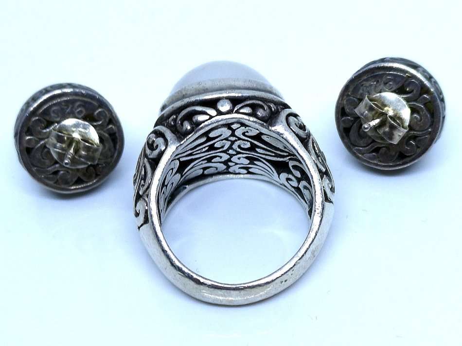 Vintage 925 Silver Filigree Design | Ring & Earrings | Set With Natural Mabe Pearls | Size N 1/2