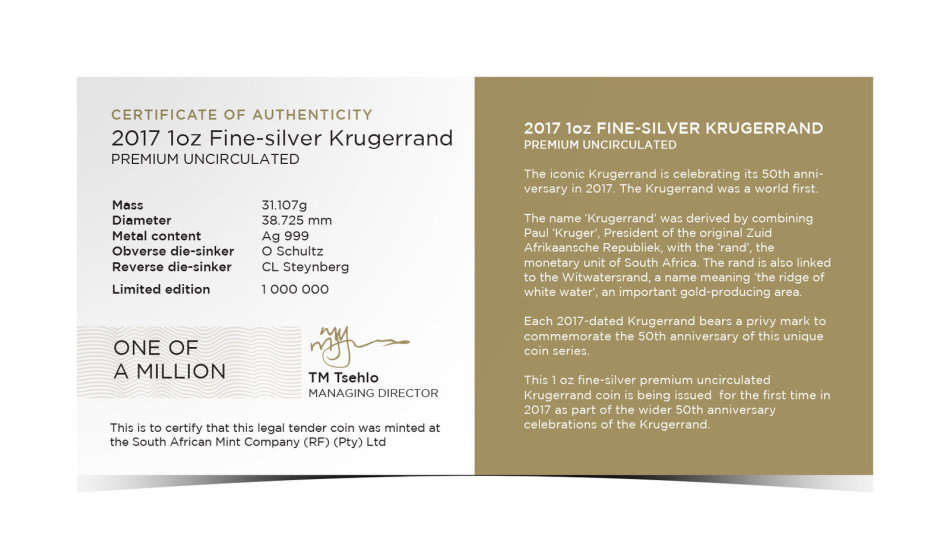 2017 | Mint Marked Krugerrand | First Year | 1oz Fine-Silver | PU | Encapsulated with COA