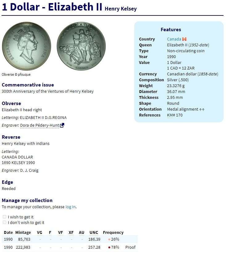 1990 | Canadian 1 Dollar | Proof Silver | 300th Year | Henry Kelsey | 23.3g | 36mm | R1 Start