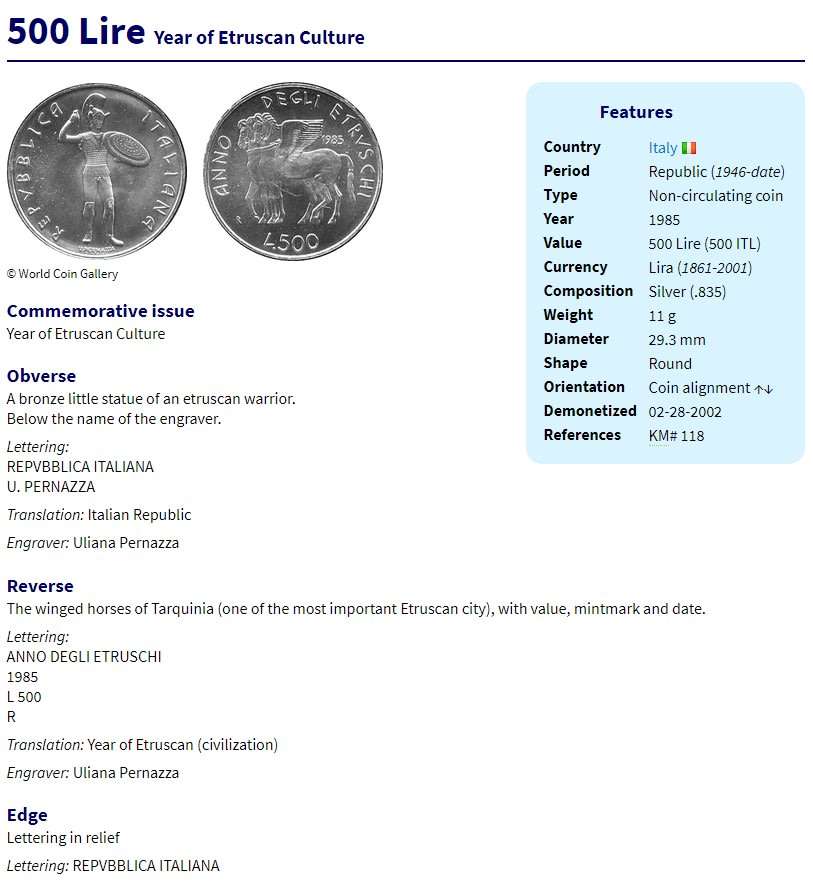 1985 | Italy | 500 Lire | Year of Etruscan Culture | UNC Silver | In Booklet with Info | R1 Start NR