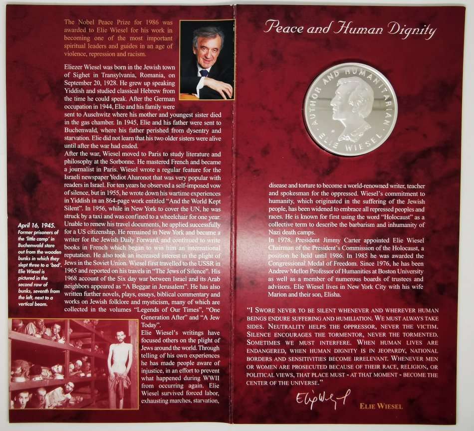 1999 | Elie Wiesel | Nobel Peace Prize Laureate 1986 | Mint Of Norway | 1 Troy Ounce